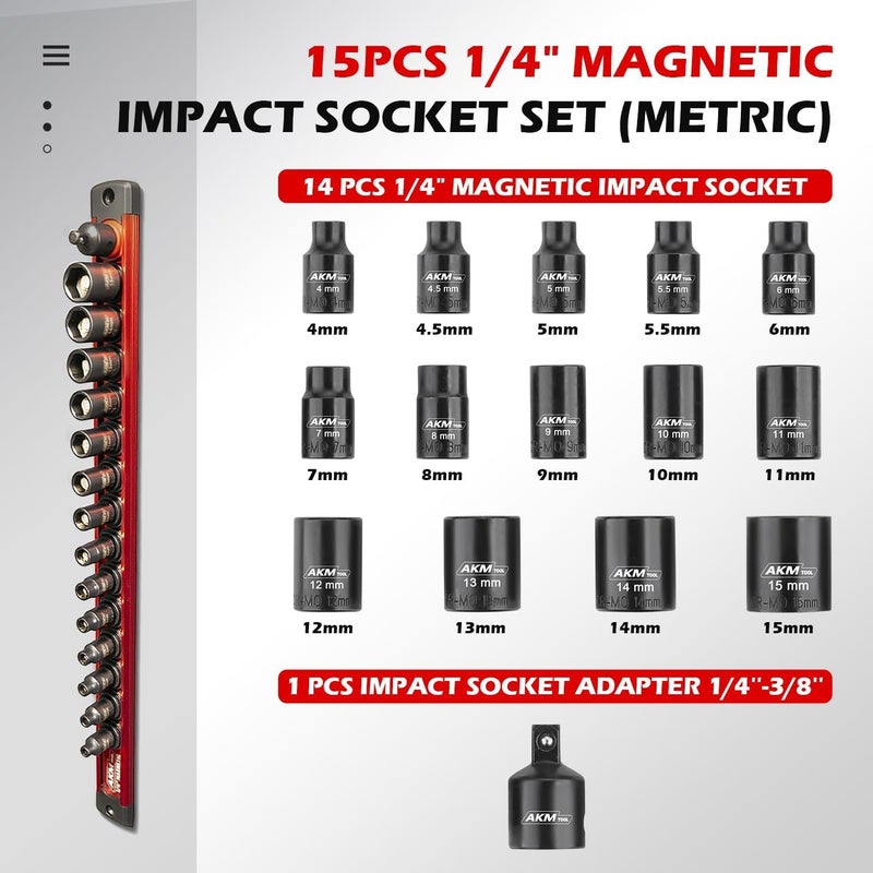 AKM TOOL 1/4 Inch Drive Magnetic Impact Socket Set, 15-Piece Metric, 4mm-15mm, 6 Point, Cr-Mo, Square Drive, Magnetic Sockets with Adapter, Rail - Image 2